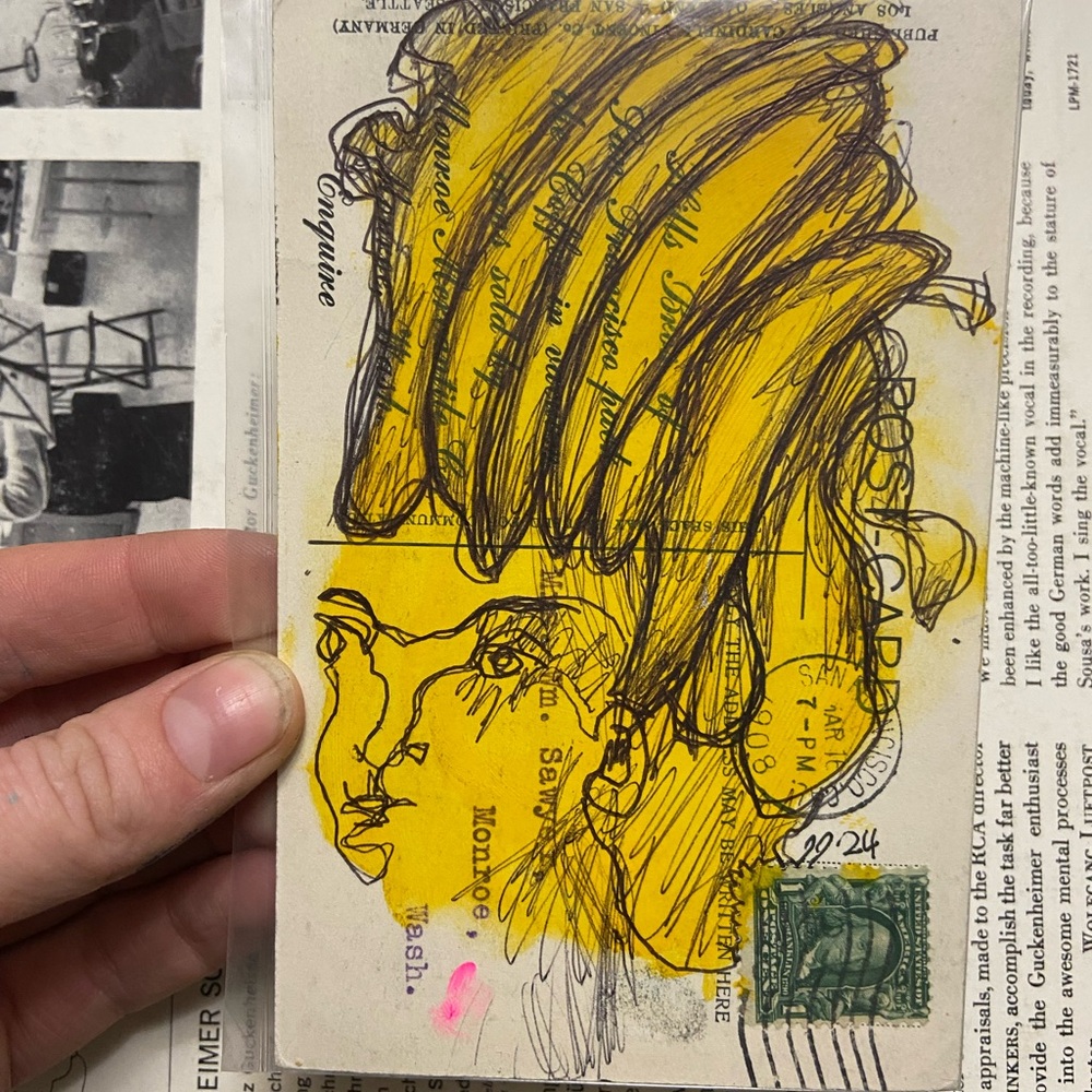 Artistic Yellow Hair Illustration on Vintage Postcard